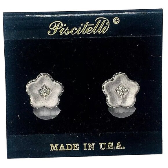Piscitelli Crystal Silver Flower Button Earrings Designer Piscitelli  Signed - Picture 11 of 12
